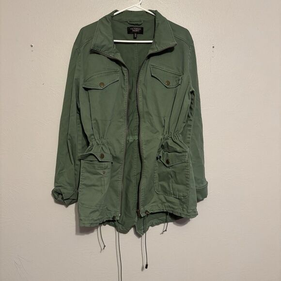Victoria Secret Utility Jacket Woman LARGE Green Army Style Pockets Zip Cinch - Picture 1 of 7